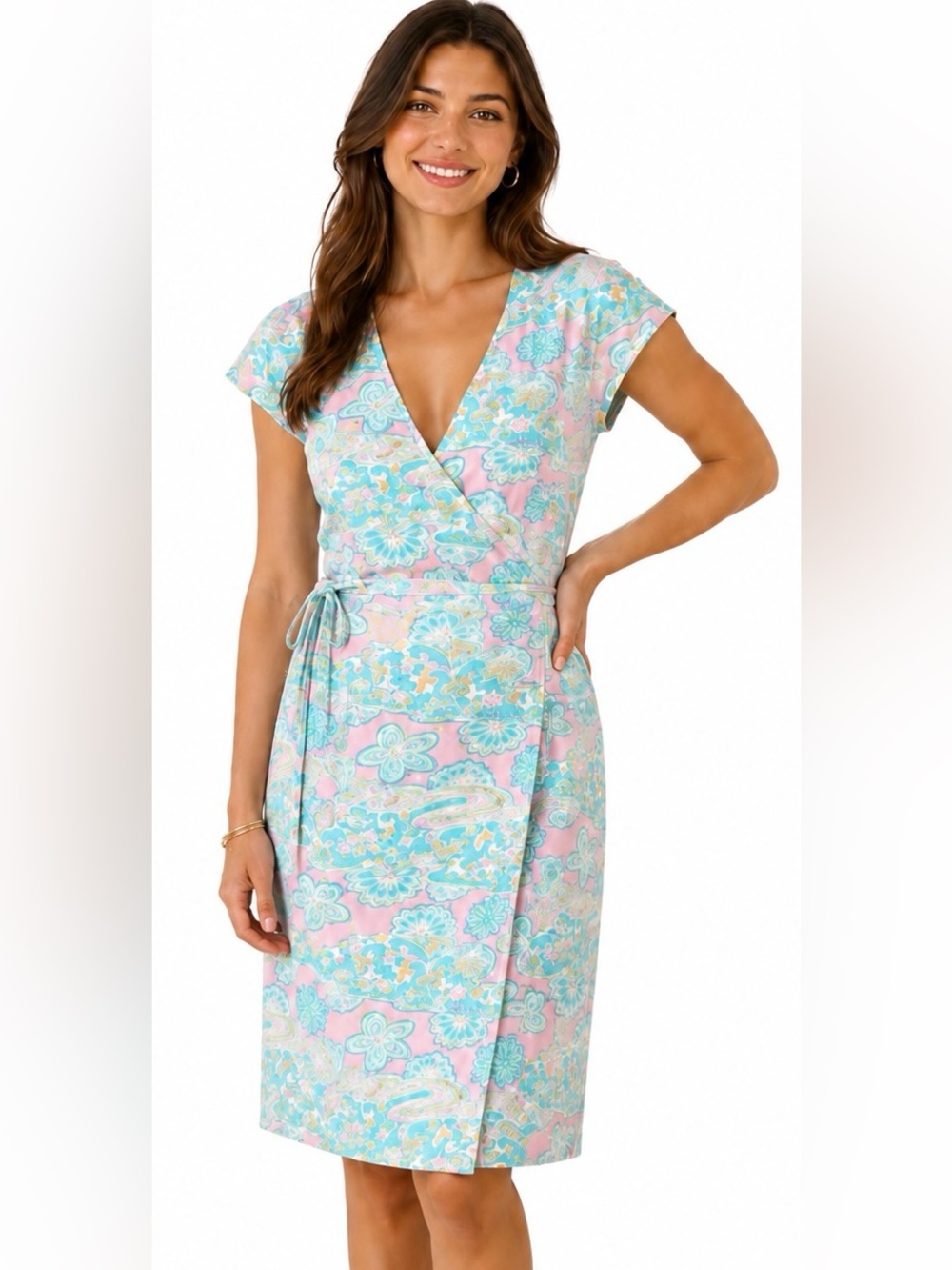 J. McLaughlin Floral Wrap Dress Pink Aqua Jersey Short Sleeve Preppy